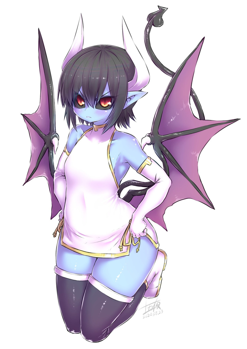 1girl, annoyed, black_hair, black_legwear, black_sclera, black_tail, black_wings, blue_skin