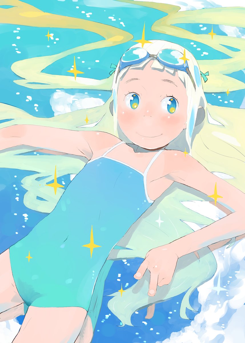 1girl, bangs, blue_eyes, blunt_bangs, blush, clouds, commentary_request, googles, hair_ribbon, hara_(pencilpen), highres, long_hair, looking_at_viewer, one-piece_swimsuit, original, reflection, ribbon, school_swimsuit, smile, solo, star_(symbol), swimsuit, v, very_long_hair, water, white_hair