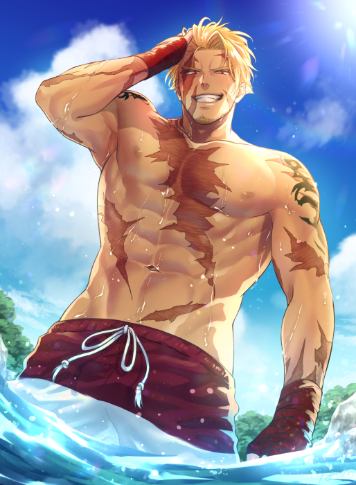 1boy, abs, aion_kiu, bangs, bara, beowulf_(fate/grand_order), blonde_hair, chest