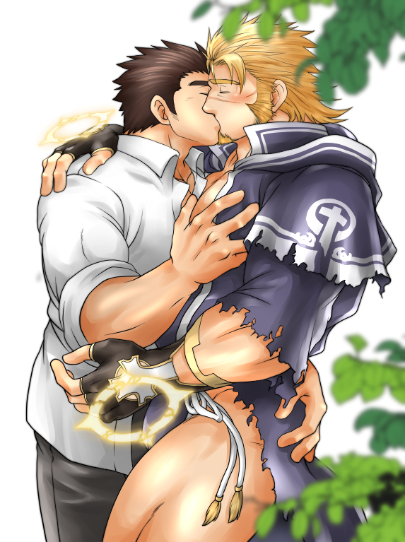 2boys, bara, beard, blush, brown_hair, chest, commission, couple