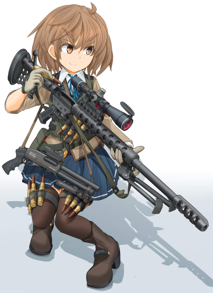 1girl, anti-materiel_rifle, blazer, blue_neckwear, blue_skirt, boots, brown_eyes, brown_footwear