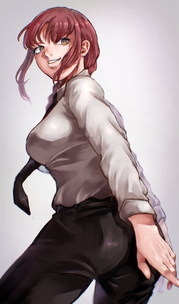 1girl, ass, bangs, black_neckwear, black_pants, braid, braided_ponytail, breasts, chainsaw_man, collared_shirt, eyebrows, long_sleeves, looking_back, makima_(chainsaw_man), medium_breasts, medium_hair, necktie, neckwear, open_mouth, pants, ringed_eyes, shirt, shirt_tucked_in, simple_background, smile, solo, tomaton_(t_0), white_background, white_shirt, yellow_eyes