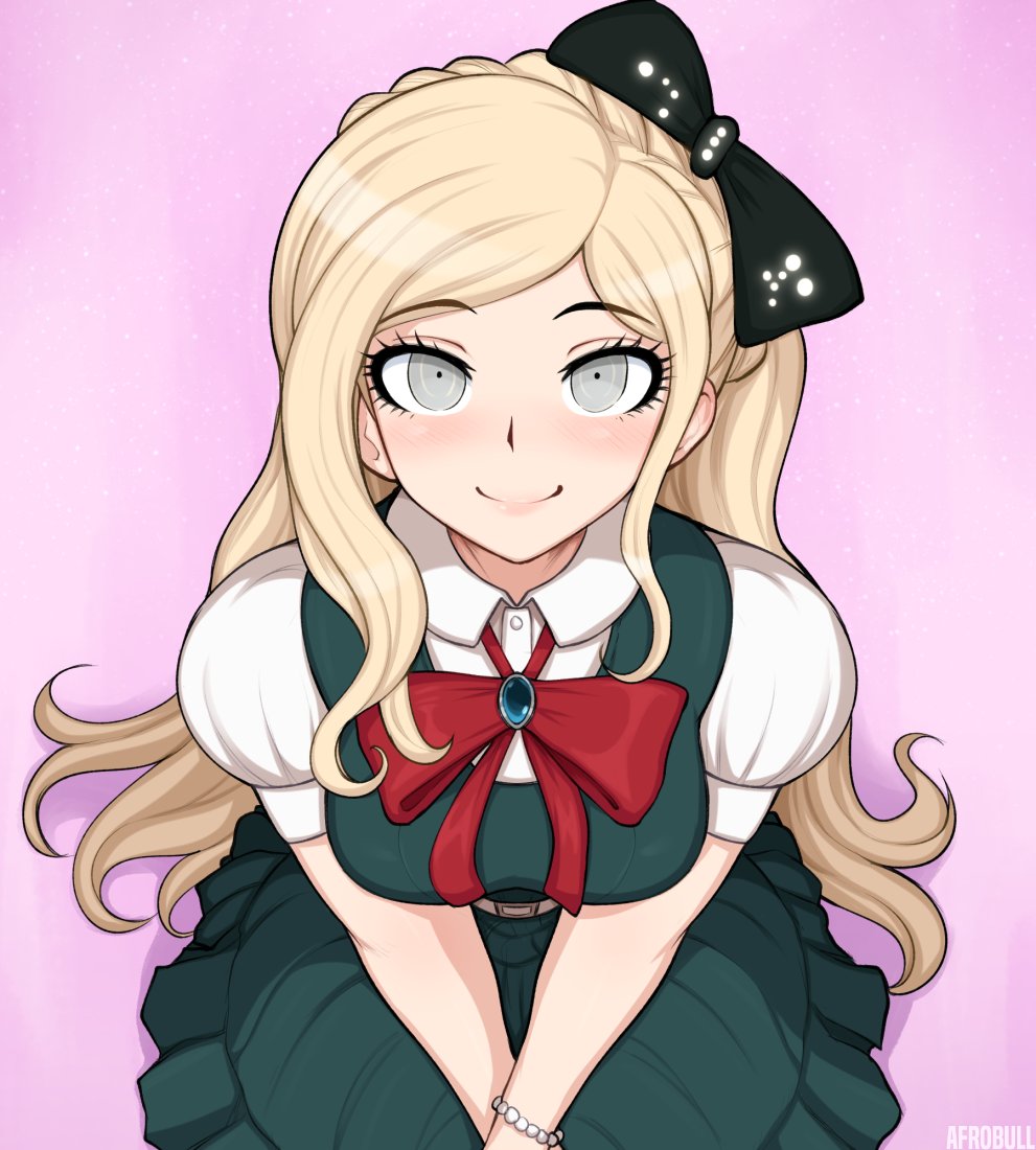 1girl, afrobull, bangs, bead_bracelet, beads, black_bow, blonde_hair, blush