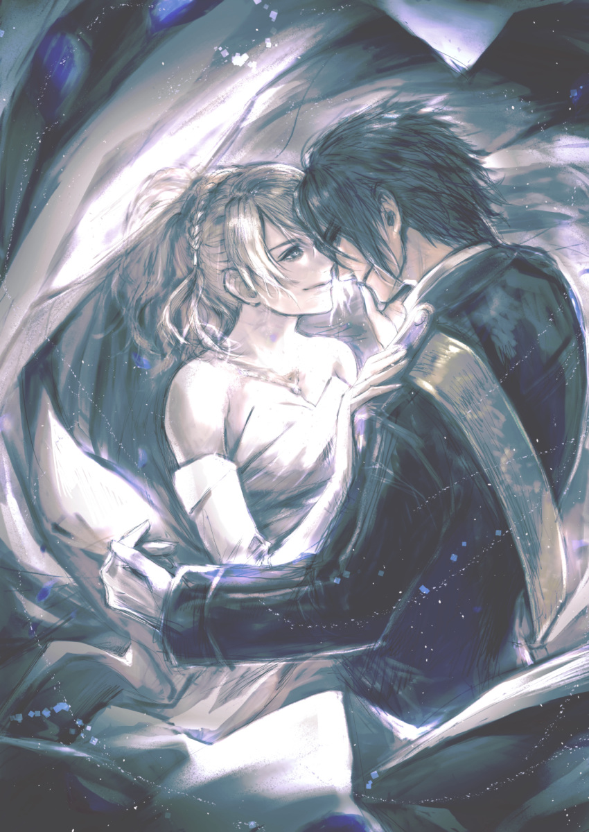 1boy, 1girl, bare_shoulders, black_hair, blonde_hair, dress, eye_contact, final_fantasy