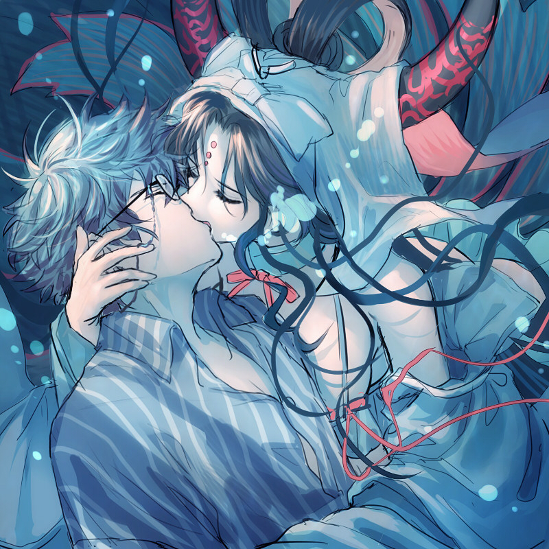 1boy, 1girl, black_hair, blue_hair, commentary_request, facial_mark, fate/grand_order, fate_(series)