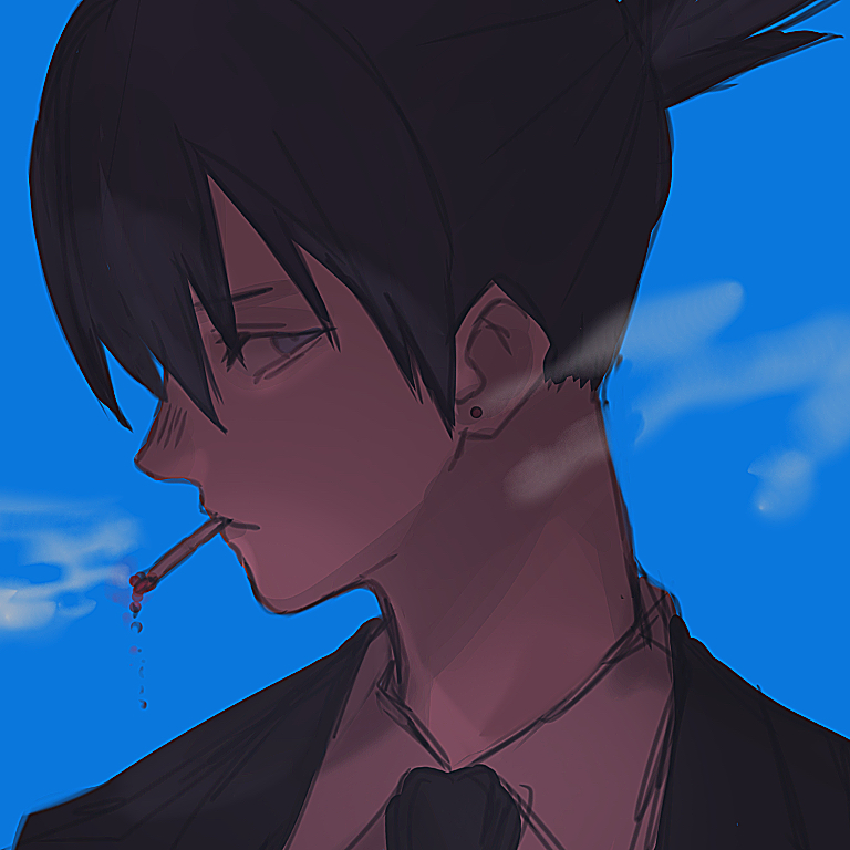 1boy, akai_ringo_(eveyuno), black_hair, black_jacket, black_neckwear, blue_background, business_suit, chainsaw_man