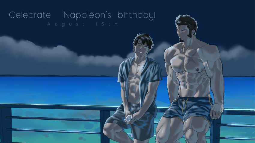 2boys, abs, absurdres, alternate_costume, august, bara, blue_eyes, blush