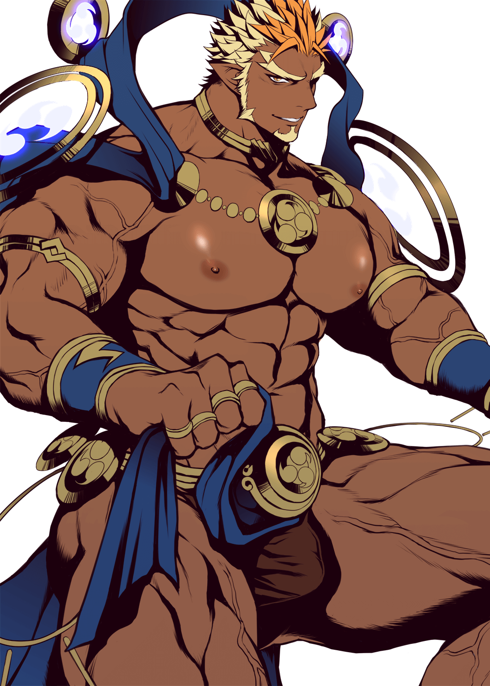 1boy, abs, bara, blonde_hair, blush, bulge, chest, chillasan, facial_hair, from_side, gyee, highres, male_focus, manly, minamoto_no_raikou_(gyee), multicolored_hair, muscle, navel, nipples, orange_eyes, orange_hair, pectorals, pointy_ears, shirtless, smile, solo, thick_thighs, thighs, upper_body, veins