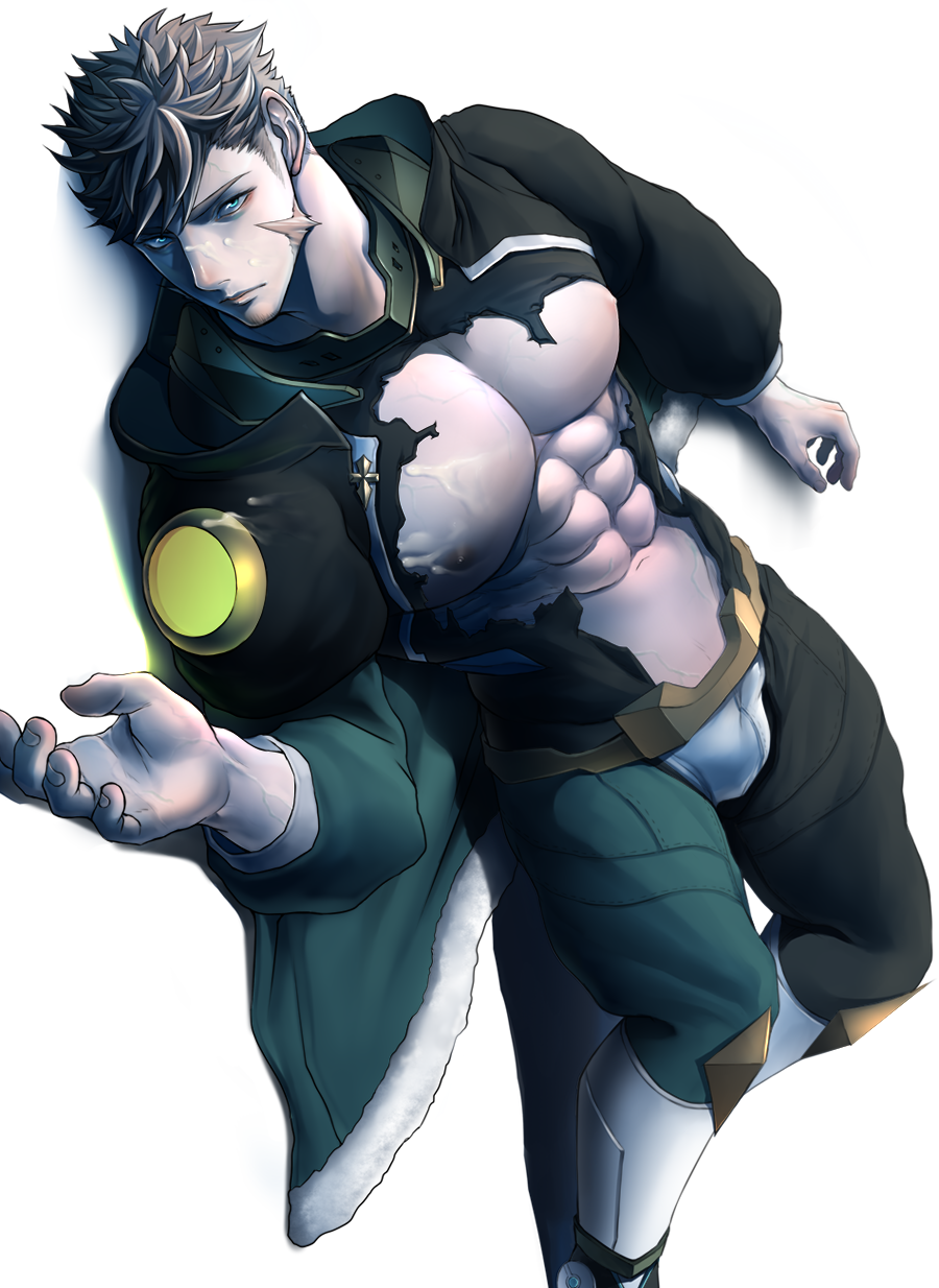 1boy, abs, bara, brown_hair, bulge, chest, chillasan, facial_hair