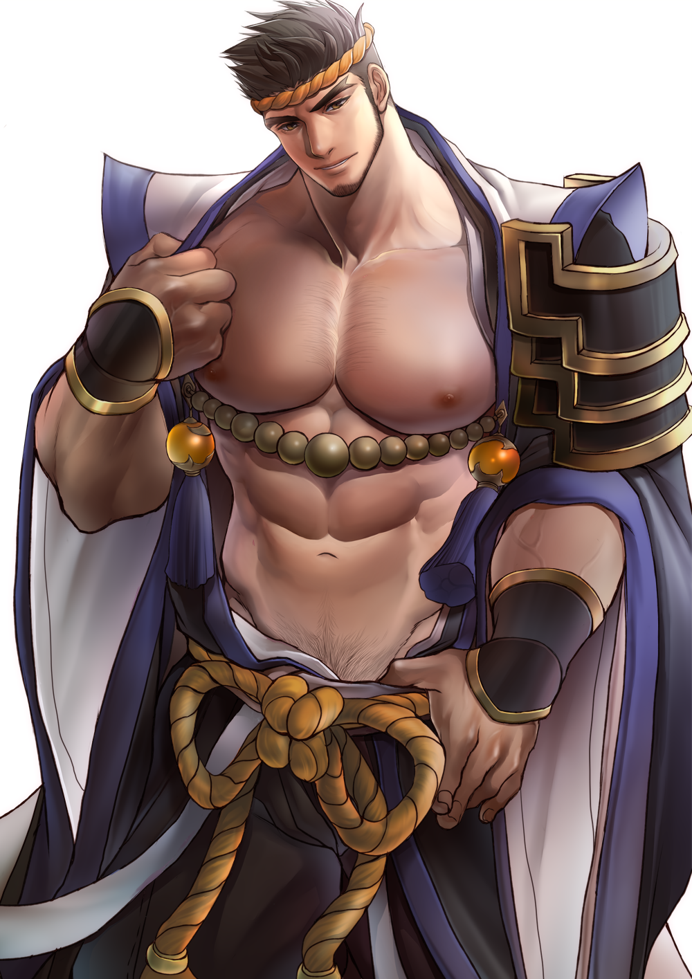 1boy, abs, bara, beard, black_hair, blush, chest, chest_hair