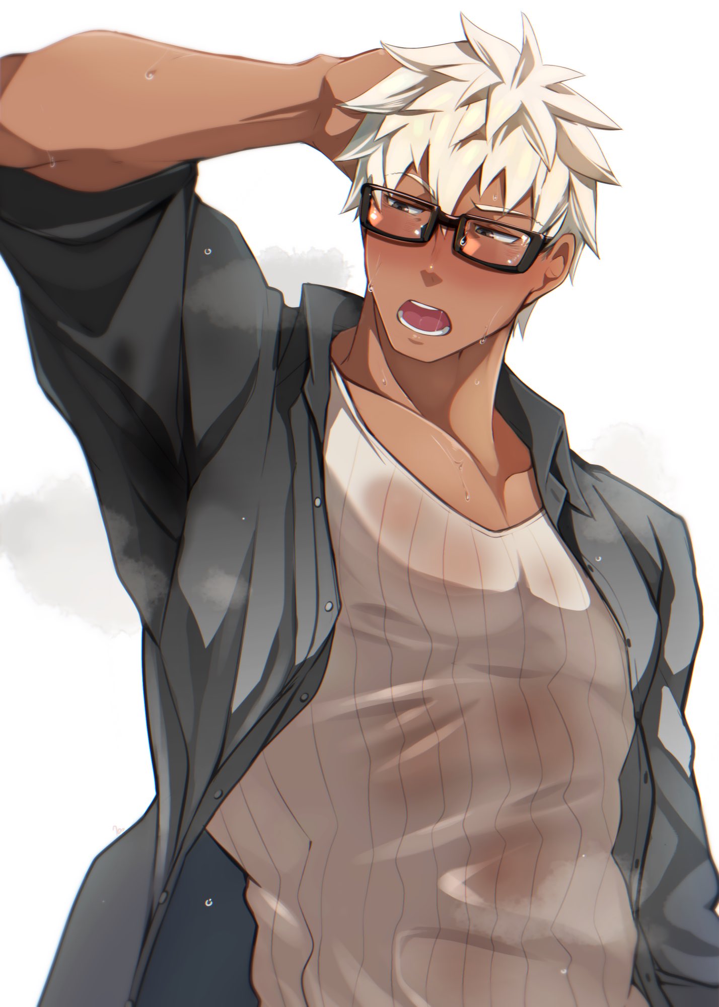 1boy, alternate_costume, archer, armpits, blush, breath, brown_eyes, chest, fate/grand_order, fate_(series), glasses, hand_on_head, highres, kuro_(shiranui), male_focus, muscle, pectorals, see-through, short_hair, solo, summer_casual_(fate/grand_order), sweat, tank_top, white_hair