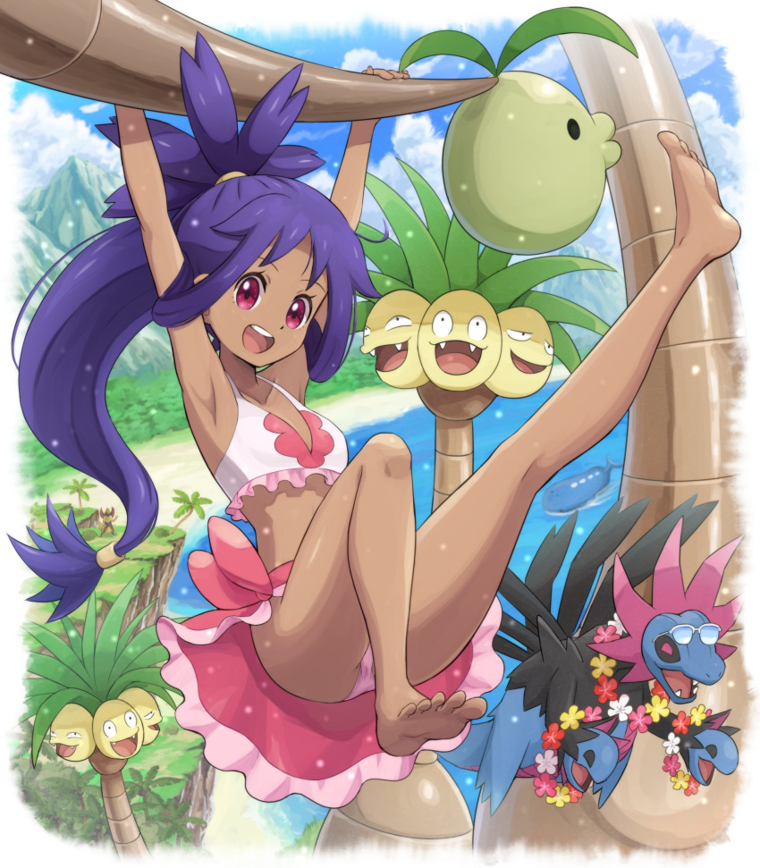 1girl, absurdres, alolan_exeggutor, alolan_form, armpits, arms_up, barefoot, clouds