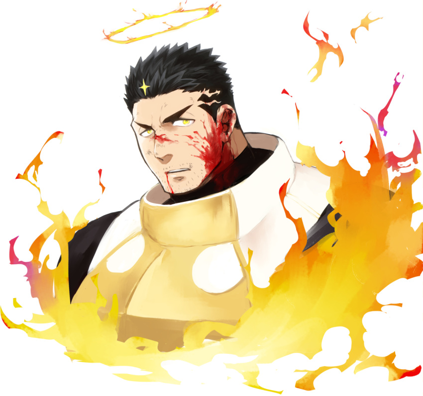 1boy, black_hair, blood, blood_from_mouth, blood_on_face, cropped_torso, facial_hair, fire, halo, male_focus, manly, muscle, po_fu, short_hair, stubble, tokyo_houkago_summoners, upper_body, white_background, yellow_eyes, zabaniya_(tokyo_houkago_summoners)