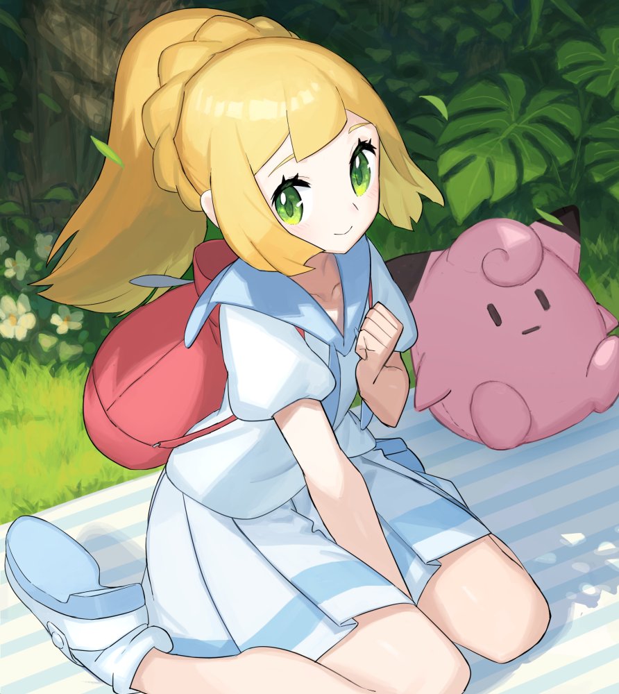 1girl, backpack, bag, bangs, between_legs, blonde_hair, braid, character_doll