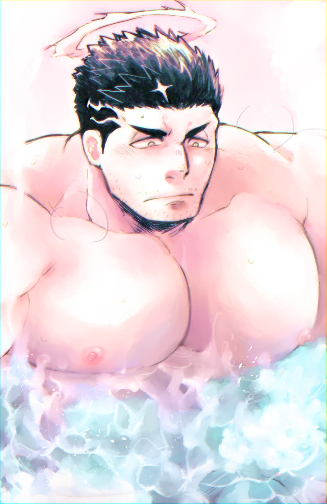 1boy, bara, black_hair, blush, chest, facial_hair, halo, male_focus