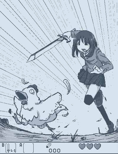 1girl, attempted_suicide, bird, chasing, chicken, cucco, feathers, gameplay_mechanics