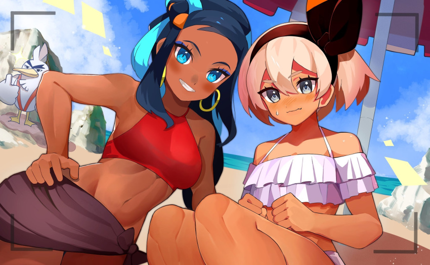 2girls, bangs, beach, black_hair, black_hairband, blush, bow_hairband, breasts
