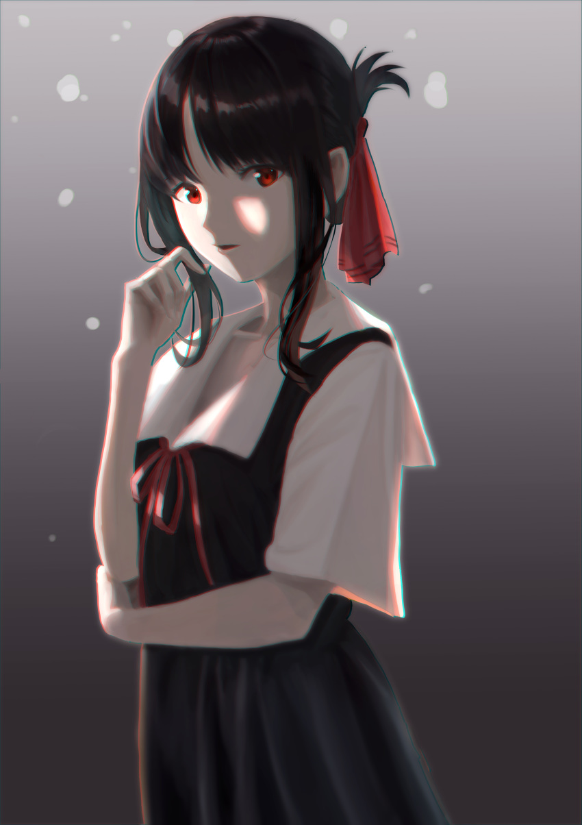 1girl, absurdres, bangs, black_dress, black_hair, chromatic_aberration, dress, folded_ponytail
