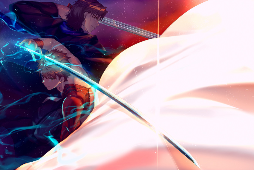 2boys, absurdres, bangs, brown_eyes, brown_hair, capsule_servant, coat, commentary_request