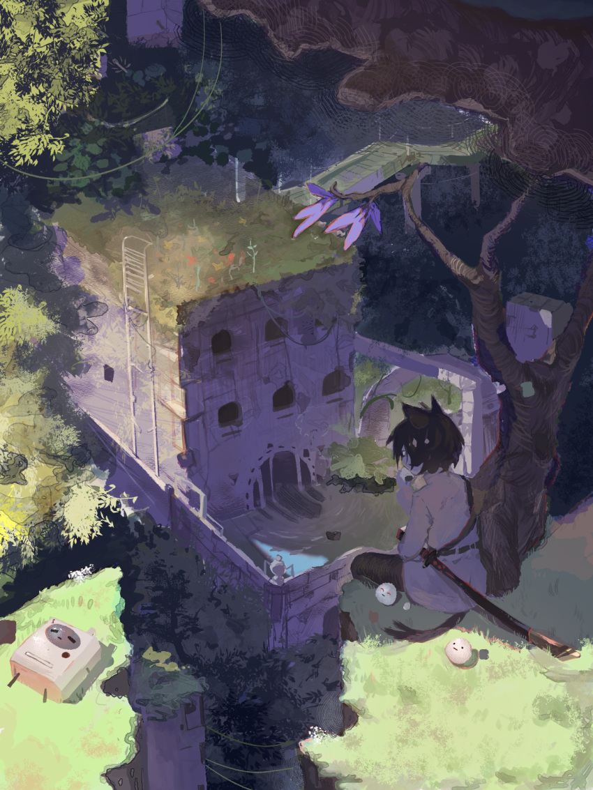 1girl, animal_ears, bangs, black_hair, black_pants, black_tail, building, cat_ears