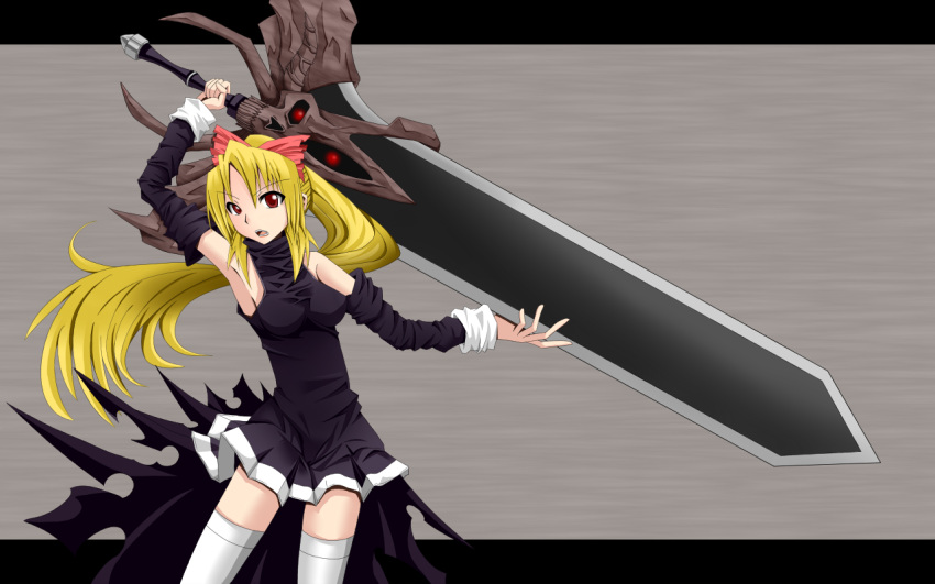 blonde_hair, bow, detached_sleeves, dress, elbow_gloves, gloves, huge_weapon, macha