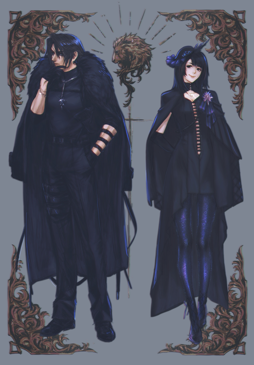 1boy, 1girl, alternate_costume, black_dress, black_hair, brown_hair, coat, coat_on_shoulders, corsage, dress, final_fantasy, final_fantasy_viii, full_body, fur_collar, gloves, grey_background, hand_in_pocket, hand_on_chin, hat, highres, jewelry, looking_away, mini_hat, necklace, noie_(neunteedelstein), pantyhose, rinoa_heartilly, scar, smile, squall_leonhart, standing