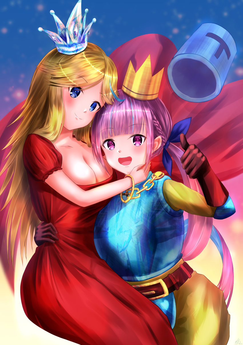 2girls, :d, absurdres, armor, belt, blue_eyes, blush, braid