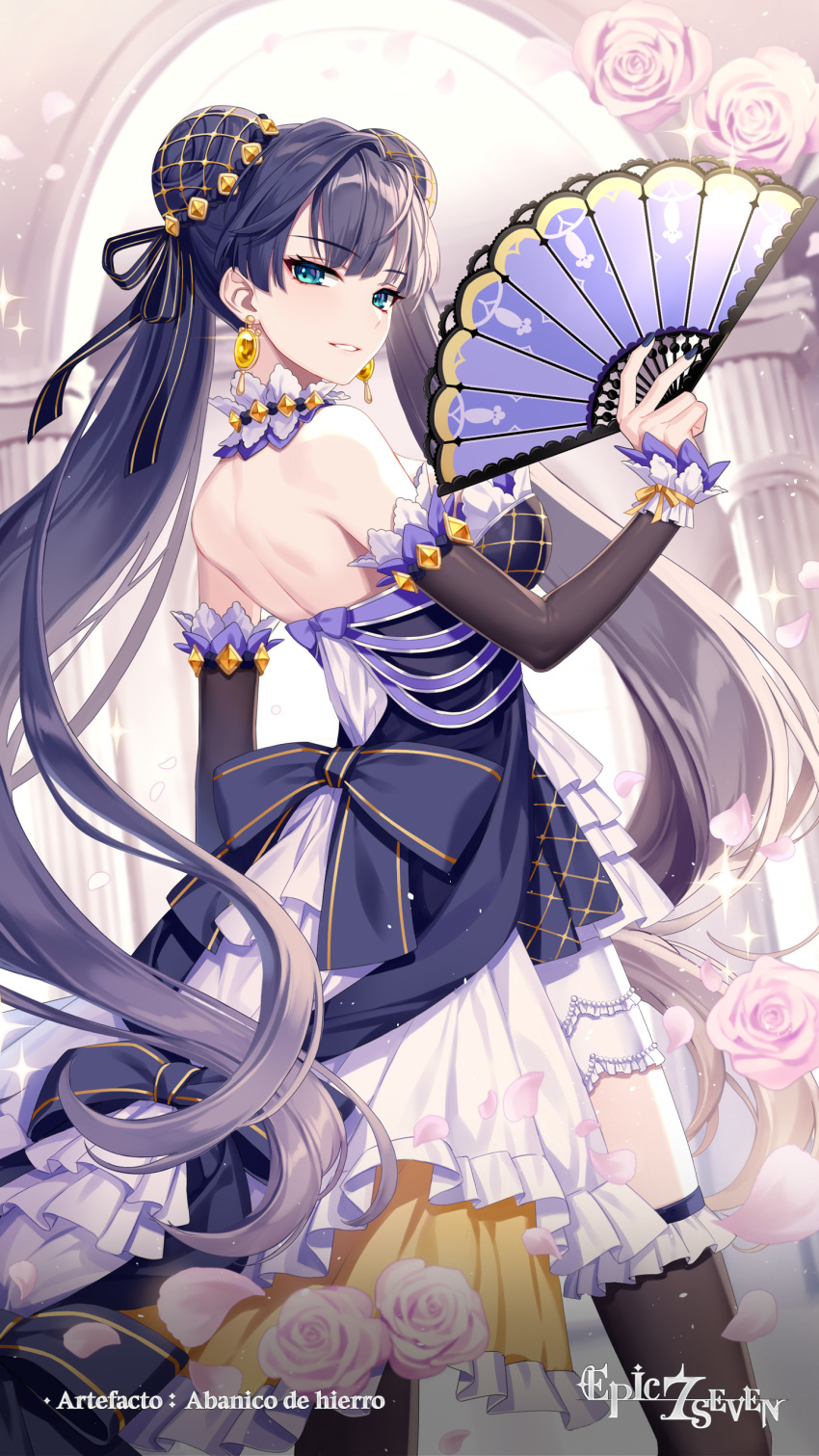 1girl, absurdres, bare_back, bare_shoulders, bellona_(epic7), black_hair, black_legwear, bow, breasts, corset, detached_sleeves, double_bun, dress, earrings, epic7, fan, green_eyes, hair_ornament, highres, holding, holding_fan, jewelry, large_breasts, long_hair, looking_at_viewer, looking_back, official_art, smile, thigh-highs, twintails, very_long_hair, waist_bow