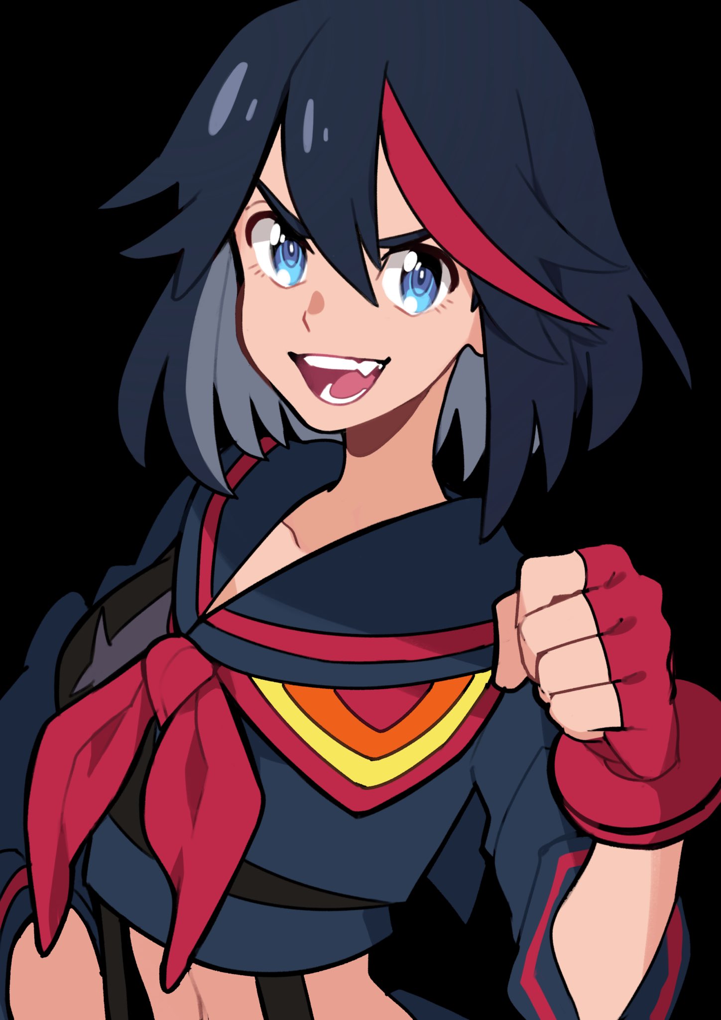 1girl, azuumori, black_background, black_hair, blue_eyes, clenched_hand, fingerless_gloves, gloves, hair_between_eyes, highres, kill_la_kill, long_sleeves, looking_at_viewer, matoi_ryuuko, medium_hair, midriff, multicolored_hair, navel, open_mouth, red_gloves, red_neckwear, redhead, school_uniform, senketsu, serafuku, simple_background, smile, solo, streaked_hair, suspenders, two-tone_hair, upper_body