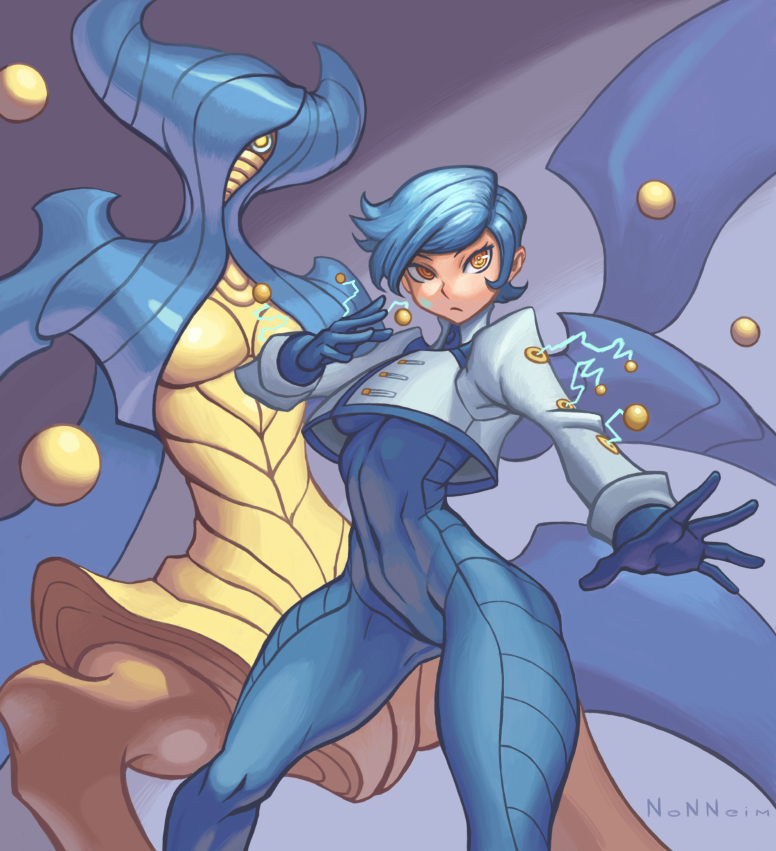 1girl, 1other, ambar_(nonneim), black_gloves, blue_hair, blue_theme, closed_mouth, covered_navel