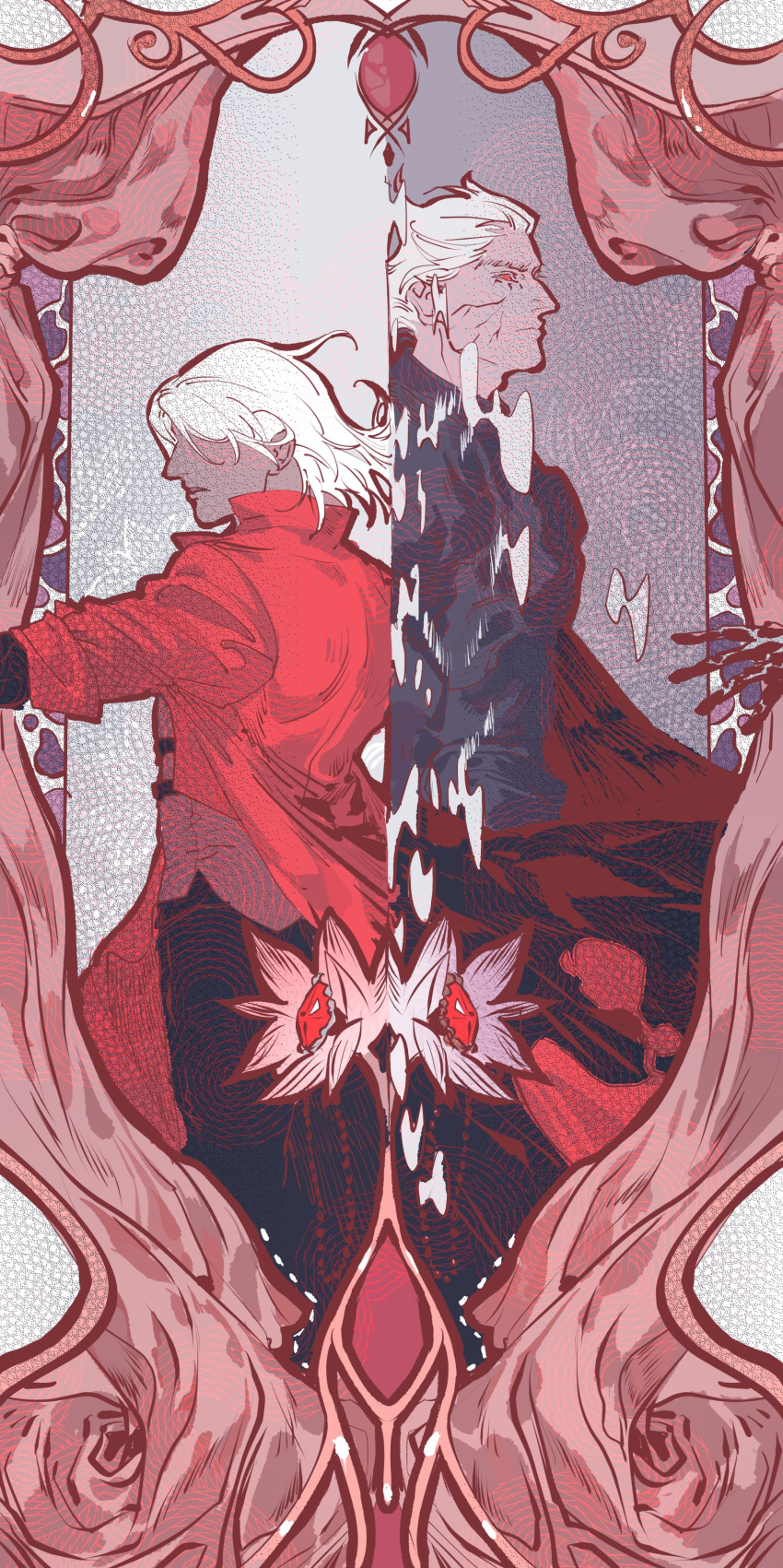 2boys, absurdres, armor, black_cape, black_gloves, blue_flower, cape, closed_mouth