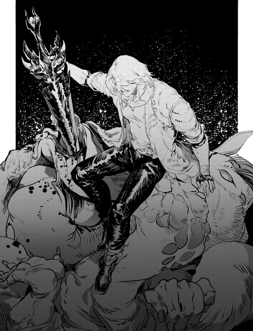 1boy, absurdres, bandaged_arm, bandages, belt, belt_buckle, bleeding, blood, boots, buckle, closed_mouth, coat, collarbone, dante_(devil_may_cry), death, demon, devil_may_cry, devil_may_cry_5, dmc_ink, facial_hair, fingerless_gloves, fingernails, gloves, greyscale, hair_over_one_eye, hatching_(texture), highres, holding, holding_sword, holding_weapon, long_fingernails, male_focus, monochrome, monster, planted, planted_sword, planted_weapon, sitting, sleeves_rolled_up, smile, solo_focus, stubble, sweat, sword, torn_clothes, weapon