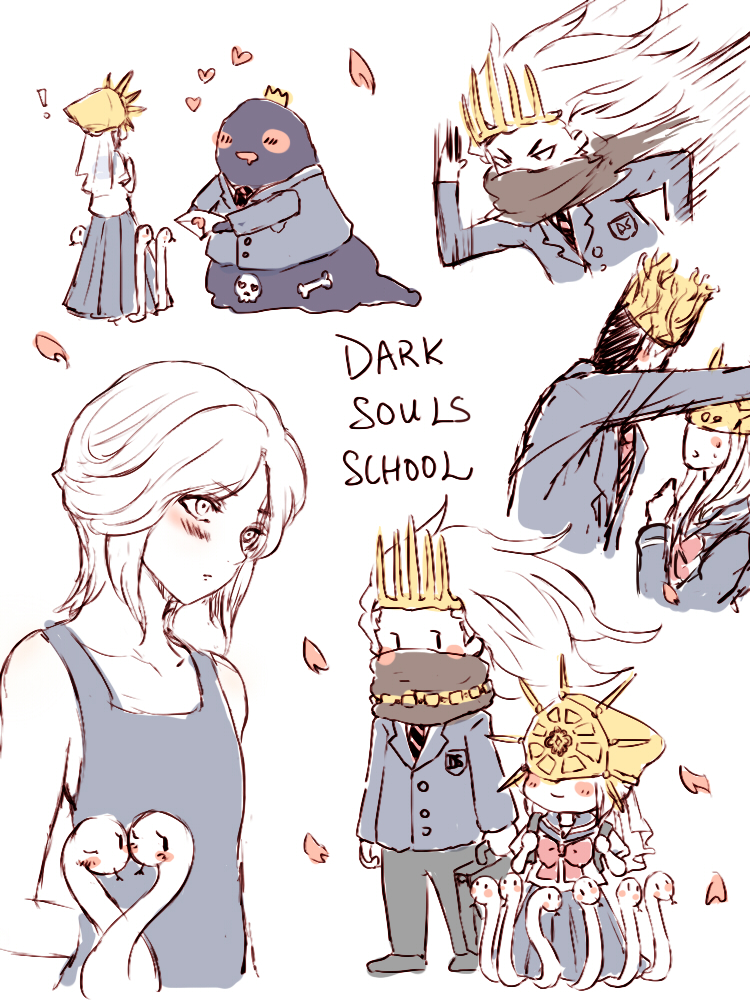 !, 4boys, aldrich_devourer_of_gods, angry, animal, bag, bangs, bare_shoulders, black_scarf, blazer, blob, blouse, blue_tank_top, blush, chibi, covered_eyes, crown, dark_souls, dark_souls_iii, dark_sun_gwyndolin, drooling, full_body, grey_eyes, heart, holding, holding_bag, holding_letter, jacket, letter, long_hair, long_skirt, love_letter, mask, monster, multiple_boys, nameless_king, neckerchief, necktie, otoko_no_ko, outstretched_hand, parted_bangs, petals, pleated_skirt, pontiff_sulyvahn, red_neckwear, ribbon, running, sailor_collar, scarf, school_uniform, senkuro, serafuku, simple_background, sketch, skirt, snake, souls_(from_software), speed_lines, sticker, tank_top, upper_body, wall_slam, white_background, white_hair