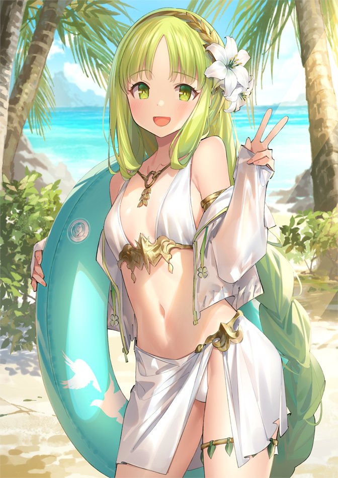 1girl, :d, afk_arena, anklet, bangs, bare_shoulders, beach, bikini