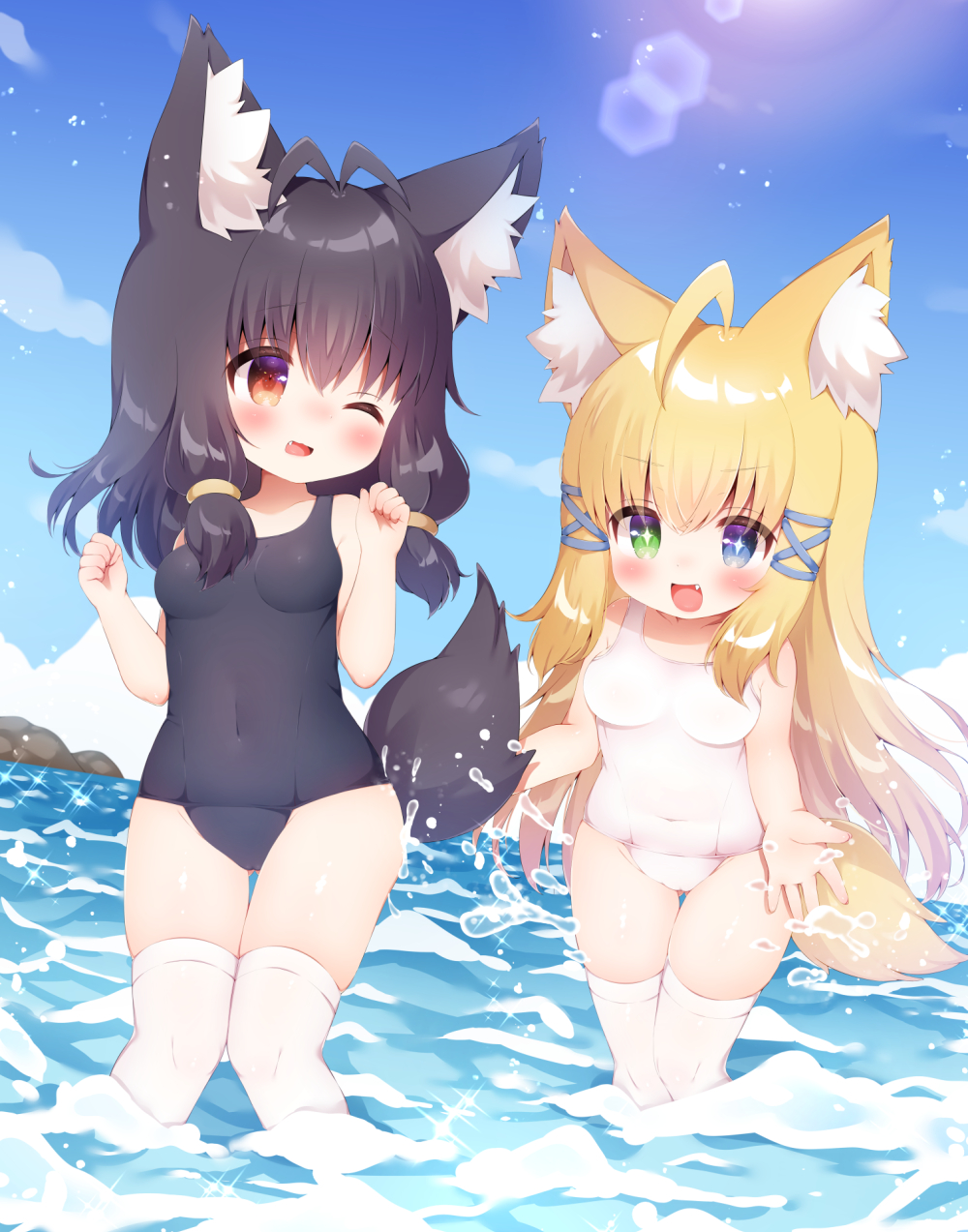 2girls, ahoge, animal_ear_fluff, animal_ears, antenna_hair, arms_up, beach, black_hair, black_swimsuit, blonde_hair, blush, breasts, clenched_hands, clouds, commentary_request, covered_navel, dog_ears, dog_tail, fang, heterochromia, highres, long_hair, momozu_komamochi, multiple_girls, ocen, one-piece_swimsuit, one_eye_closed, open_mouth, original, outdoors, red_eyes, ribbon, school_swimsuit, short_hair, sky, small_breasts, smile, splashing, sun, swimsuit, tail, thigh-highs, thigh_gap, thighs, wading, water, white_legwear, white_swimsuit