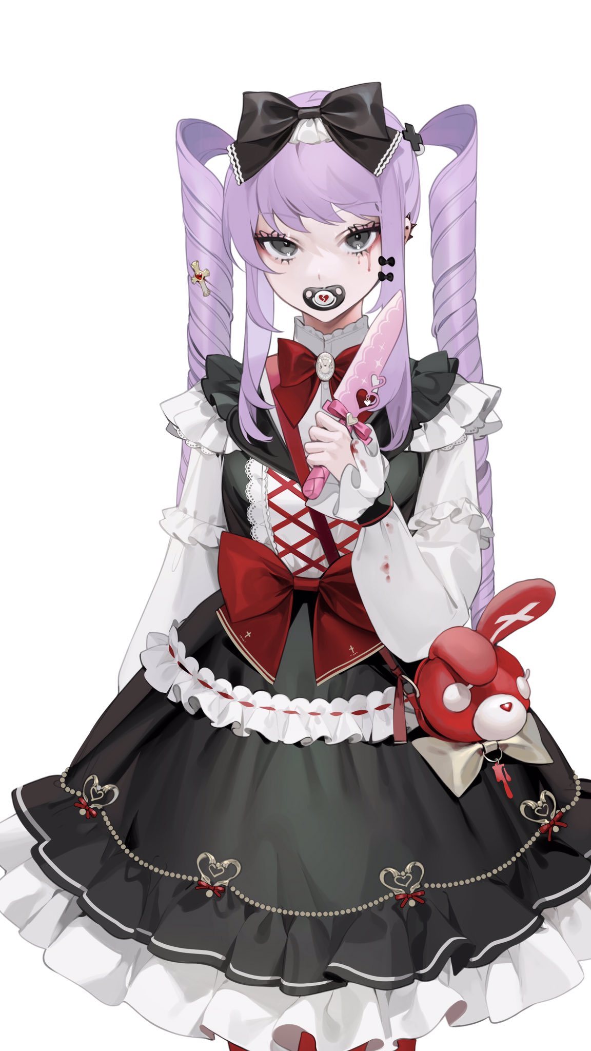 1girl, arm_at_side, bag, bangs, black_bow, black_dress, black_eyes, bow