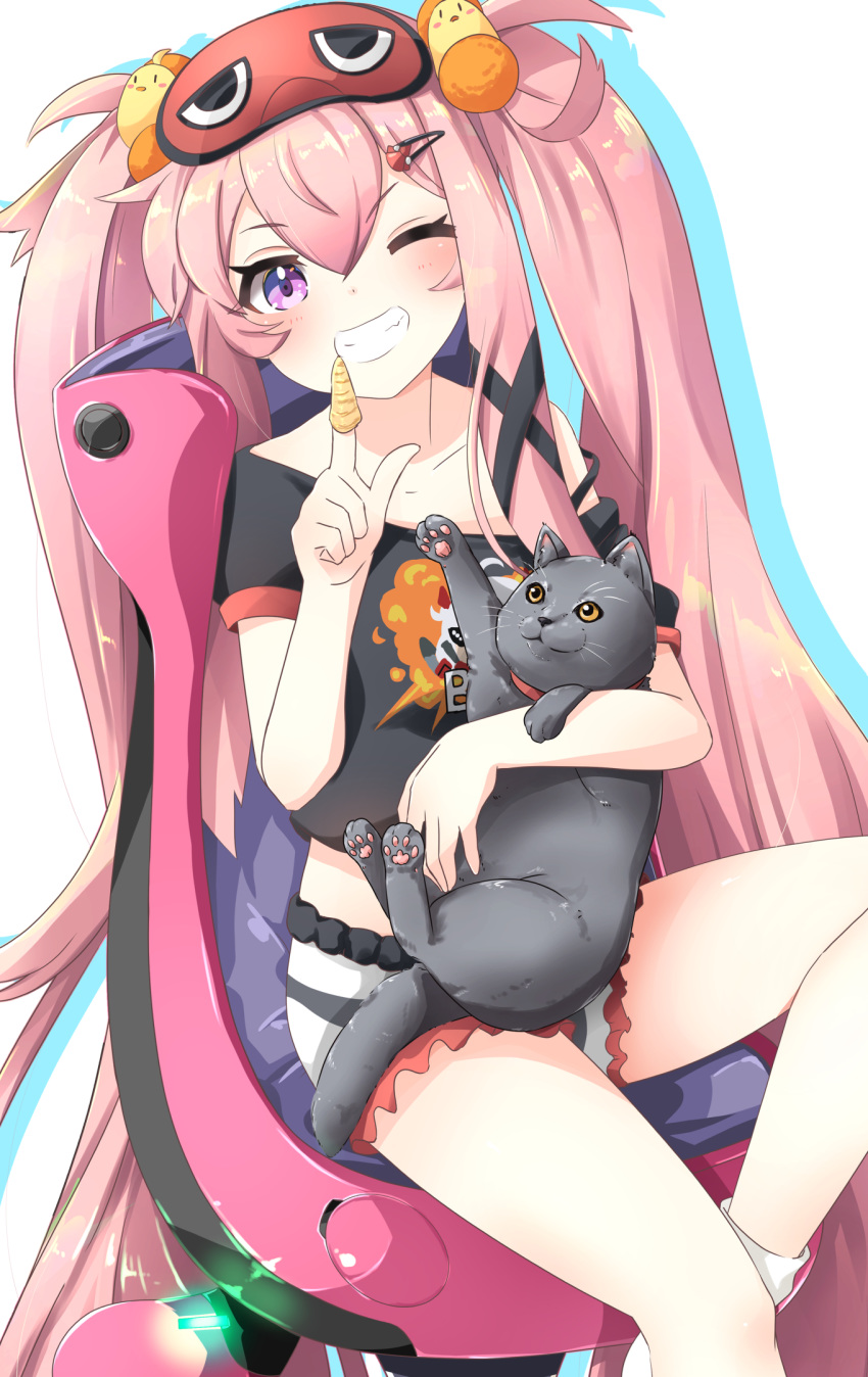 1girl, animal, azur_lane, black_shirt, cat, chair, crop_top, grey_shorts