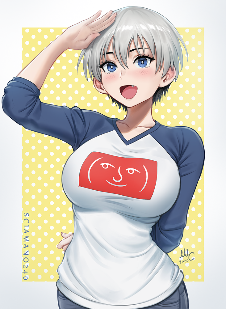 1girl, :d, blue_eyes, blush, breasts, commentary, ear_blush, emoticon, eyebrows_visible_through_hair, fang, grey_hair, hair_between_eyes, large_breasts, lenny_face, open_mouth, polka_dot, polka_dot_background, revision, salute, sciamano240, shiny, shiny_hair, short_hair, smile, solo, standing, sugoi_dekai, uzaki-chan_wa_asobitai!, uzaki_hana