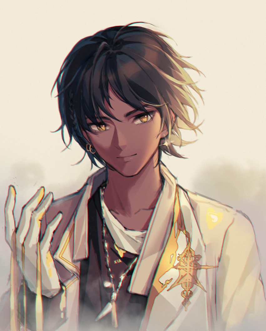 1boy, absurdres, arknights, black_hair, blue_shrimp, dark_skin, dark_skinned_male, earrings