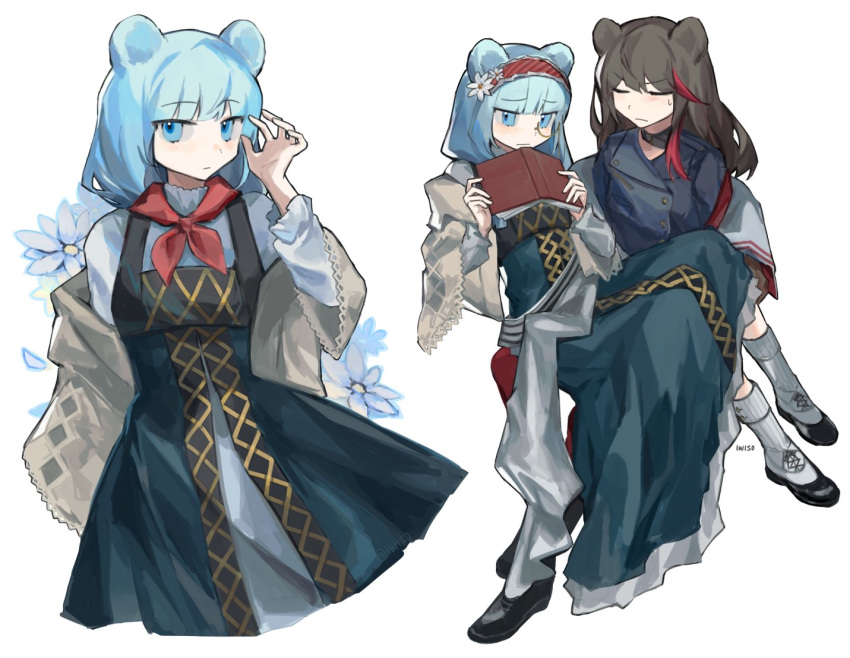 2girls, alternate_costume, animal_ears, arknights, bangs, bear_ears, book, brown_hair