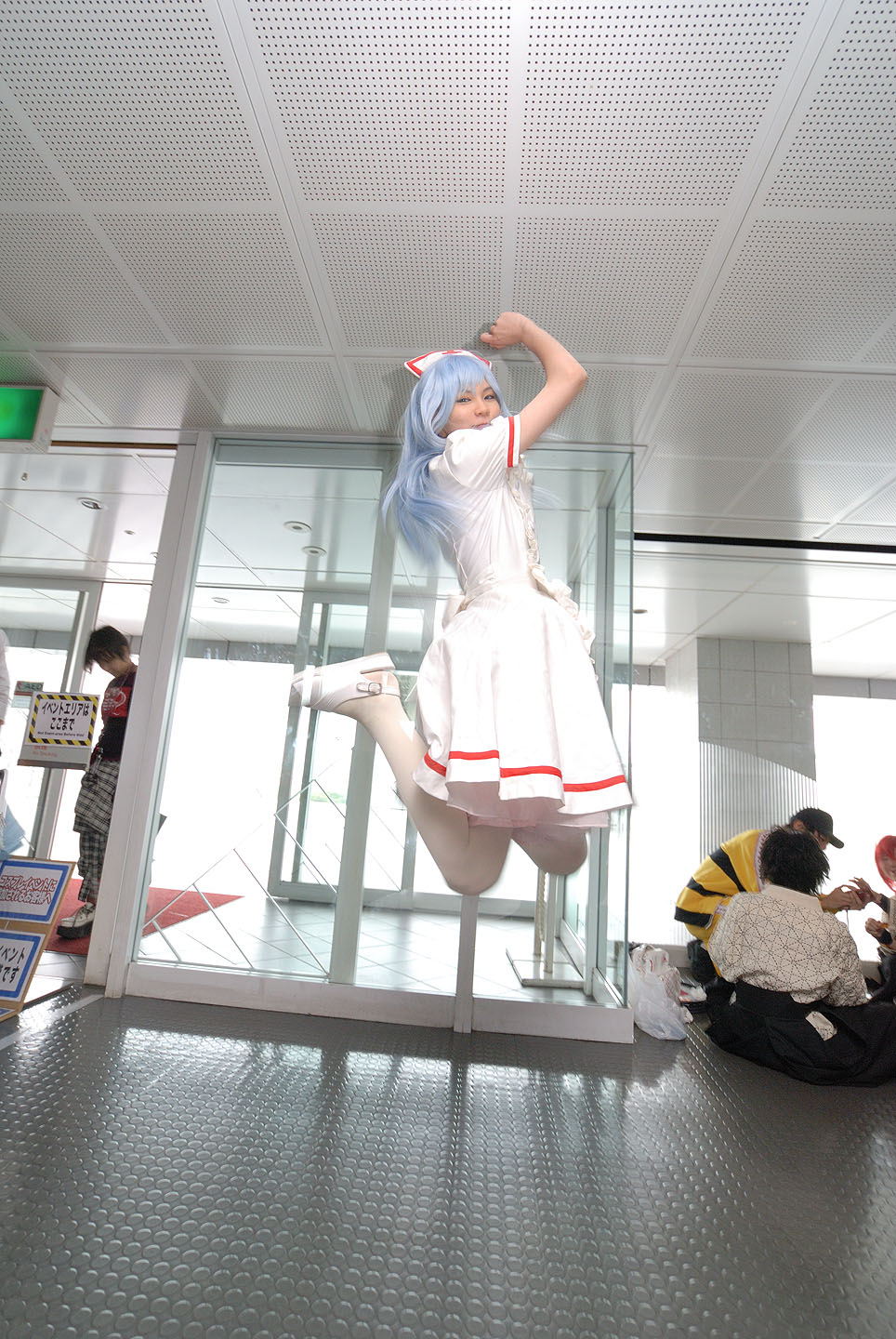 blue_hair, cosplay, jumping, kouno_tooru, kouzuki_suzuka, nurse, nurse_uniform, photo
