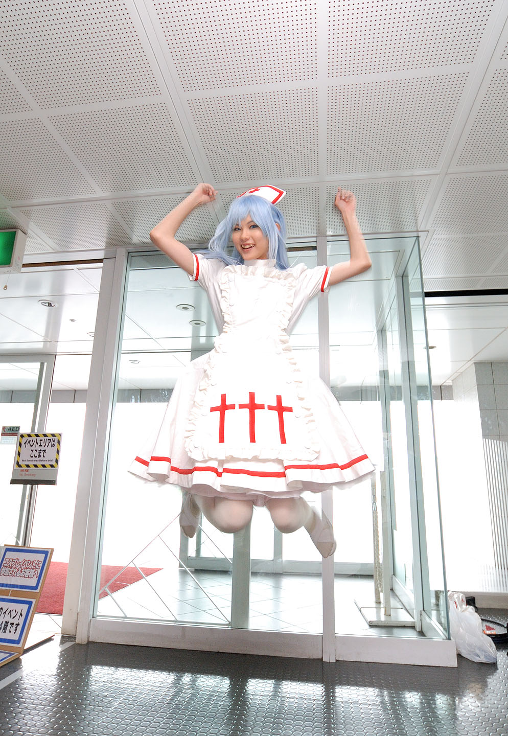 blue_hair, cosplay, jumping, kouno_tooru, kouzuki_suzuka, nurse, nurse_uniform, photo