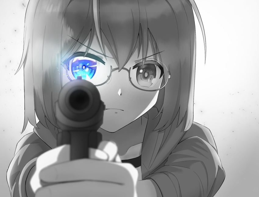 1girl, glasses, greyscale, gun, heterochromia, highres, kamikoshi_sorao, looking_at_viewer
