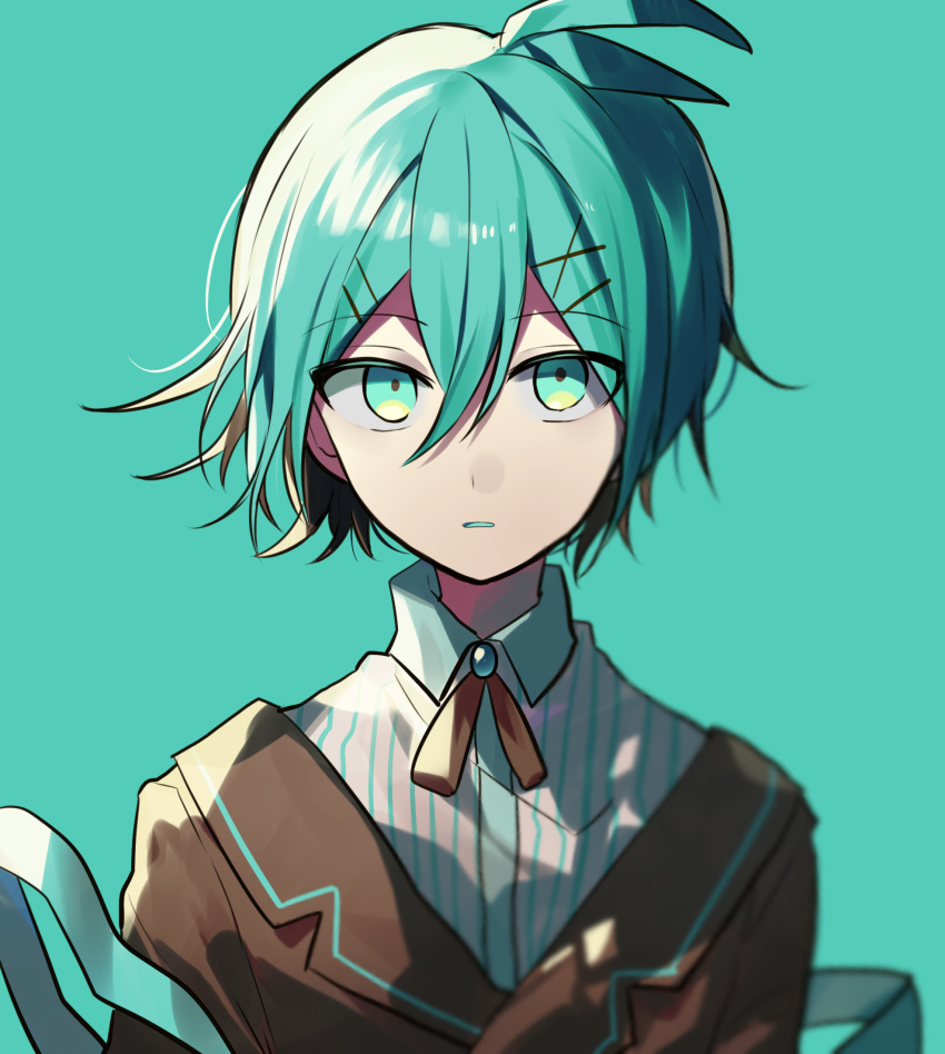 1boy, antenna_hair, aqua_background, aqua_eyes, bangs, blurry, blurry_foreground, brown_jacket