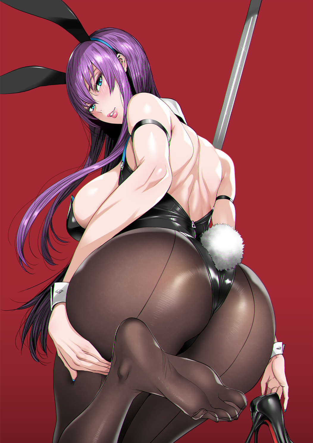 1girl, animal_ears, aqua_eyes, ass, black_leotard, breasts, brown_legwear, bunny_girl