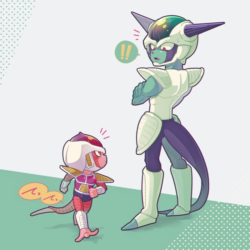!!, /\/\/\, 2boys, 3llo_3, age_difference, armor, child, commentary, crossed_arms, dragon_ball, dragon_ball_super, frieza_clan, frost_(dragon_ball), height_difference, horns, kuriza, looking_at_another, male_focus, multiple_boys, neko_majin_(series), open_mouth, red_eyes, standing, sweatdrop, tail, walking