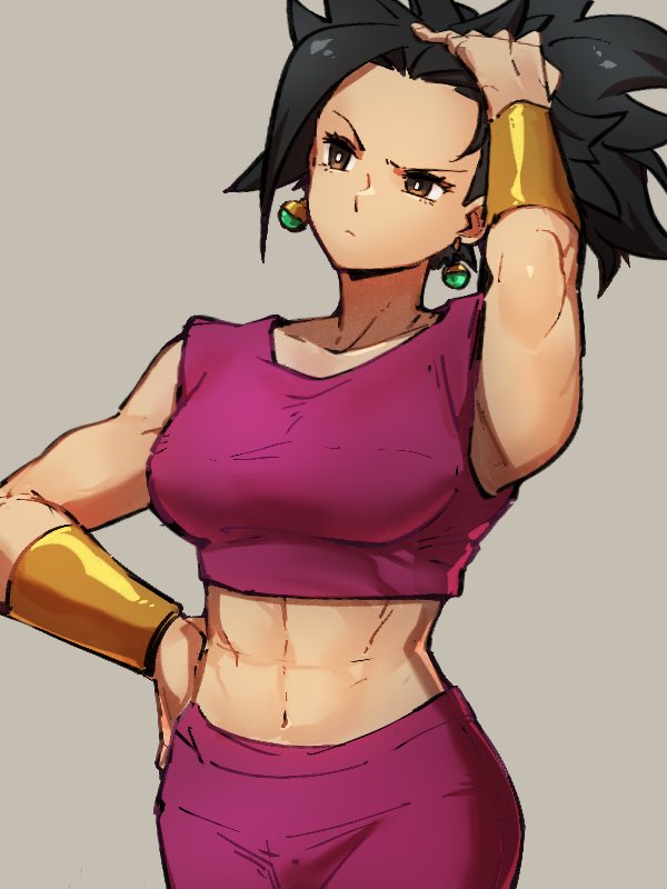 1girl, abs, black_hair, breasts, brown_eyes, dragon_ball, dragon_ball_super, earrings