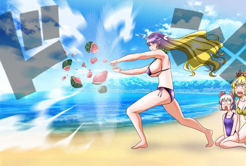 3girls, alternate_costume, animal_ears, animal_print, bangs, beach, bead_necklace, beads, bikini, blindfold, blonde_hair, blue_sky, breasts, building, clenched_hands, clouds, competition_swimsuit, day, energy_blast, floating_hair, flower, food, forest, from_side, fruit, gigantic_breasts, hair_between_eyes, hair_flower, hair_ornament, hijiri_byakuren, hotel, inlet, jewelry, jpeg_artifacts, kneeling, long_hair, medium_breasts, motion_blur, mouse_ears, multicolored_hair, multiple_girls, nature, nazrin, necklace, no_pupils, ocean, one-piece_swimsuit, outdoors, outline, prayer_beads, profile, punching, purple_bikini, purple_hair, scared, shattering, shiny, shiny_hair, shiraue_yuu, short_hair, silver_hair, sitting, sky, small_breasts, smile, solid_circle_eyes, solo_focus, sound_effects, string_bikini, striped, striped_bikini, summer, surprised, sweatdrop, swimsuit, tiger_print, toramaru_shou, touhou, tree, two-tone_hair, very_long_hair, wariza, watermelon, waves, yellow_bikini