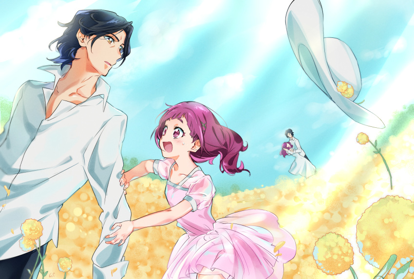 2boys, 2girls, :d, age_difference, black_hair, black_pants, blue_sky, blush