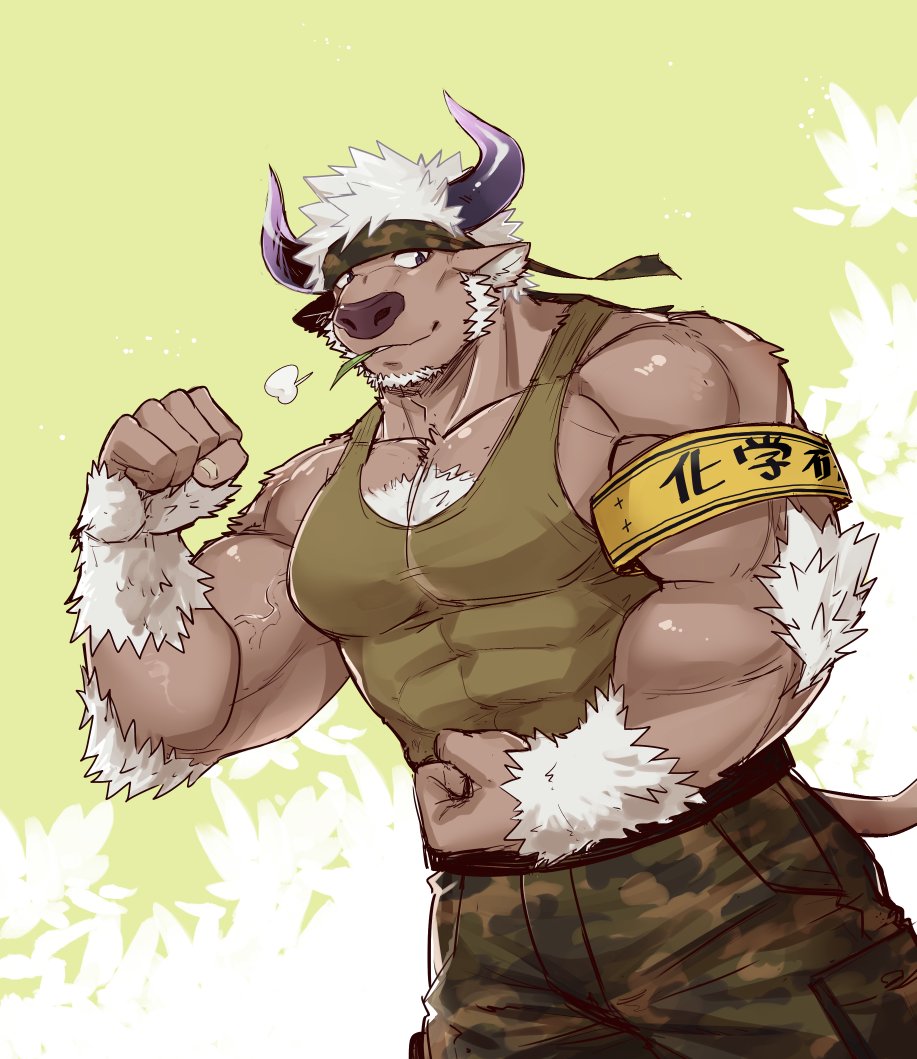 1boy, animal_ears, bara, chest, chest_hair, cow_boy, cow_ears, cow_horns, facial_hair, flexing, furry, horns, luwei, male_focus, manly, muscle, pectorals, pose, purple_horns, shennong_(tokyo_afterschool_summoners), simple_background, solo, tokyo_houkago_summoners, upper_body, violet_eyes, white_hair